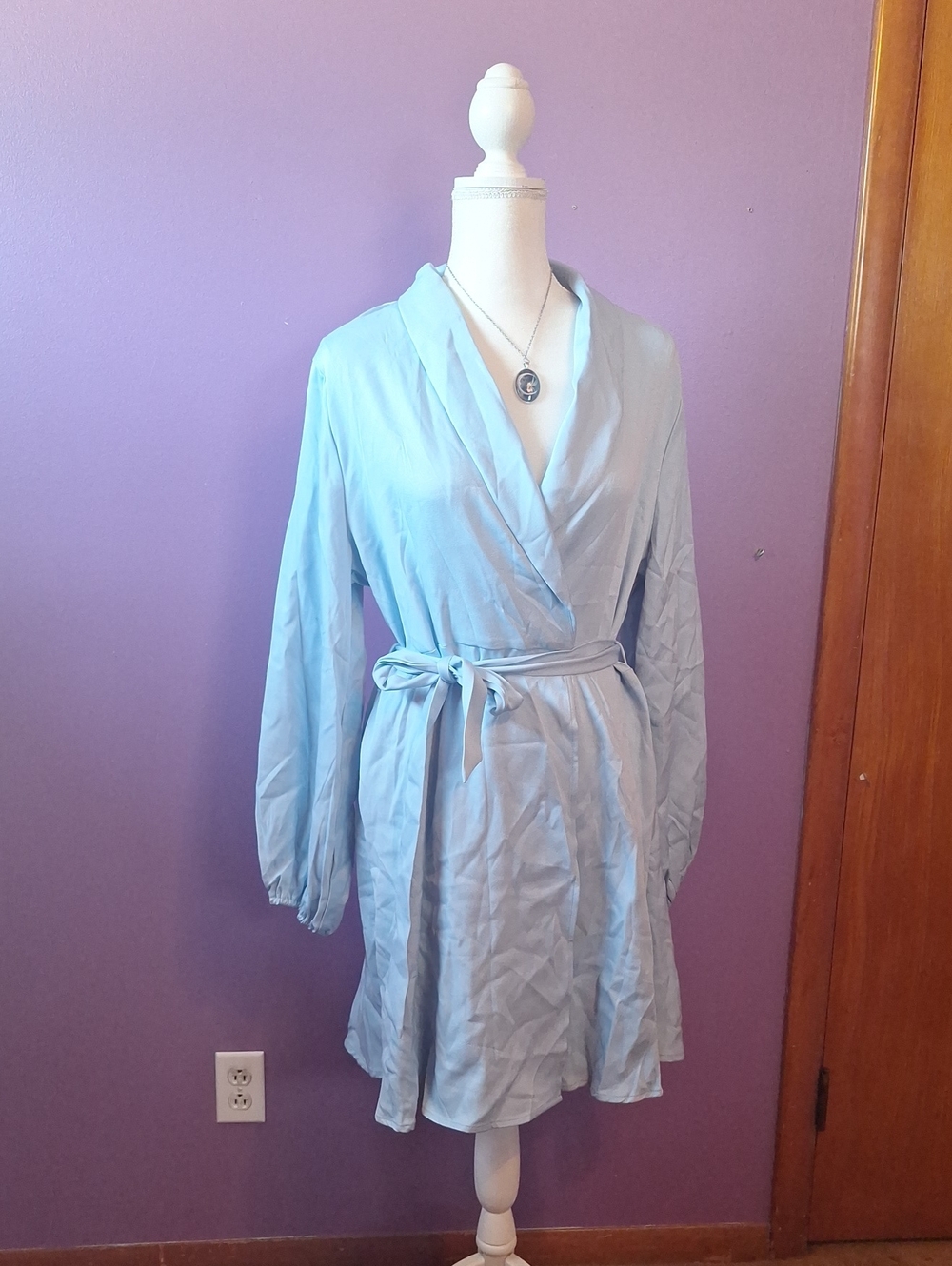 Light Blue Wrap Robe Dress with Self-Tie Belt